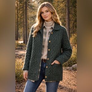 Vintage Cabela's Irish Wool Aran Cable Knit Cardigan Sweater Forest Green Large